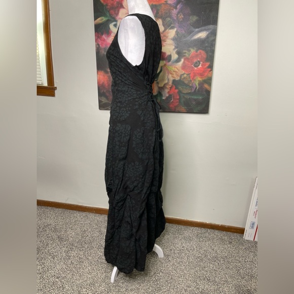 Vintage 1890s 1900s Black Goth Grunge Lace Up Corset Maxi Maid Textured Dress M - Picture 4 of 12